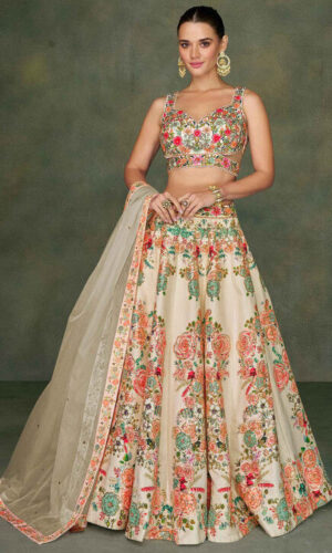 Embroidered Art Silk Lehenga in Cream
