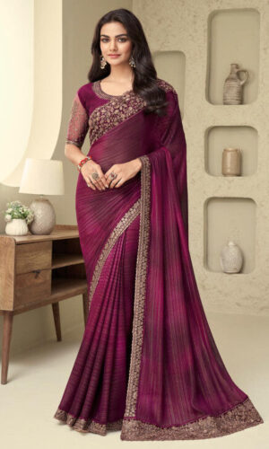 Embroidered Border Chiffon Shimmer Scalloped Saree in Maroon