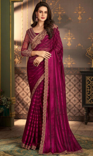 Embroidered Border Georgette Brasso Saree in Magenta
