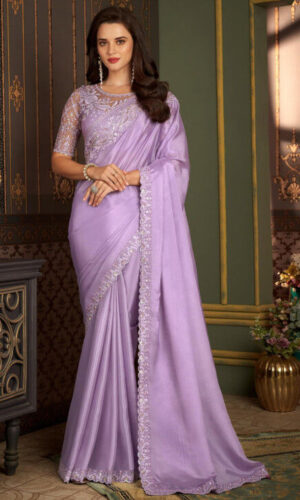 Embroidered Border Satin Georgette Saree in Purple