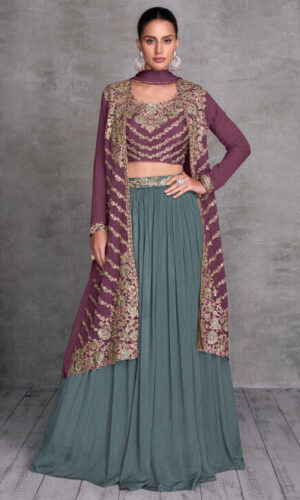 Embroidered Chinon Silk Lehenga in Dusty Green