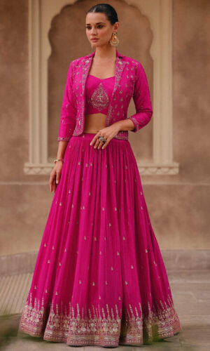 Embroidered Georgette Lehenga in Fuchsia