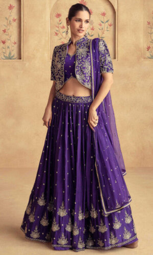 Embroidered Chinon Silk Lehenga in Purple