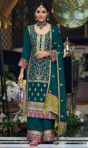 Embroidered Chinon Silk Pakistani Suit in Teal Green