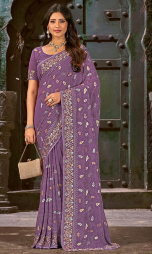 Embroidered Georgette Saree in Purple
