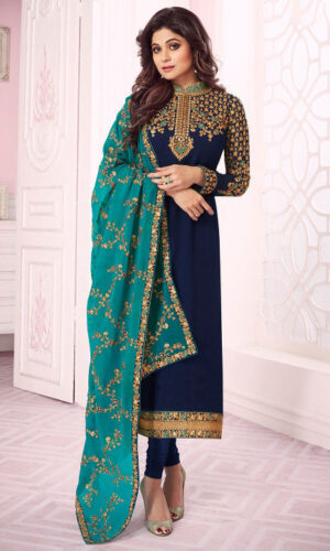 Embroidered Georgette Straight Suit in Navy Blue