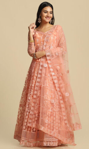 Embroidered Net Lehenga in Peach
