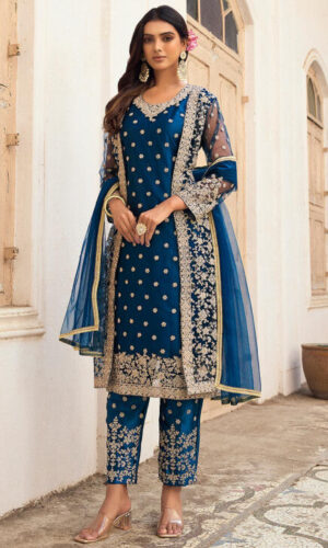 Embroidered Net Pakistani Suit in Teal Blue