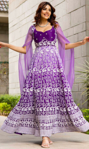 Embroidered Pure Georgette Gowns in Dark Purple