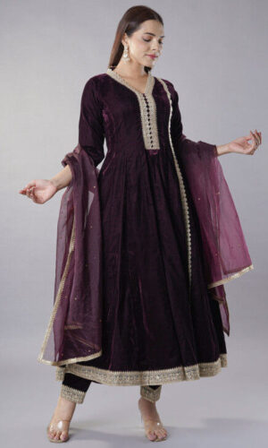 Embroidered Velvet Anarkali Suit in Wine