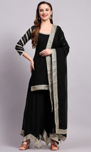 Embroidered Viscose Georgette Pakistani Suit in Black