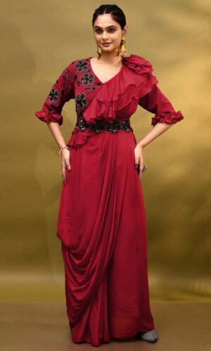 Hand Embroidered Chinon Chiffon Drape Gown in Red