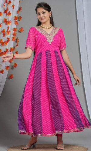 Leheriya Printed Georgette Anarkali Kurta Set in Fuchsia And Purple