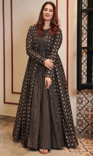Printed Cotton Gown in Black