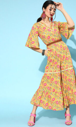 Printed Cotton Jumpsuit in Light Mustard