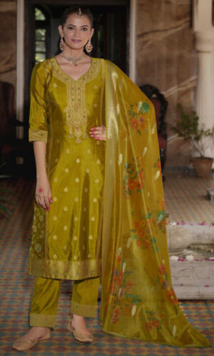 Woven Organza Jacquard Pakistani Suit in Olive Green