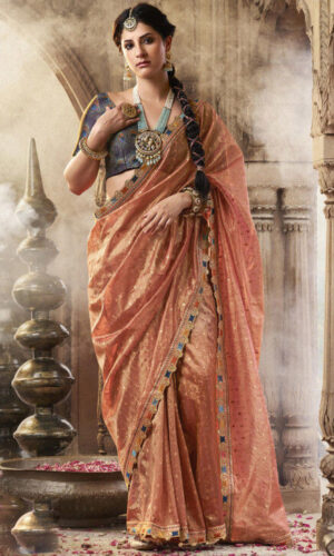 Woven Tissue Silk Saree in Peach